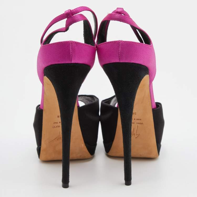 Pre Owned Giuseppe Zanotti Black/Pink Satin and Suede Peep Toe Platform Ankle Sandals Size 38
