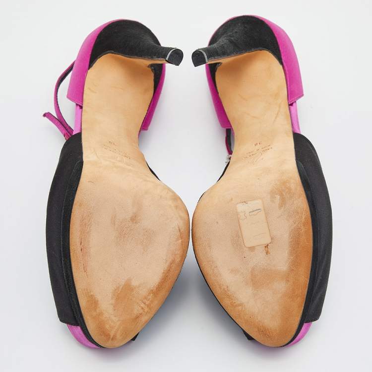 Pre Owned Giuseppe Zanotti Black/Pink Satin and Suede Peep Toe Platform Ankle Sandals Size 38