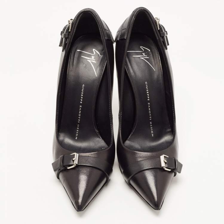 Pre Owned Giuseppe Zanotti Black Leather Buckle Detail Pointed Toe Pumps Size 37.5