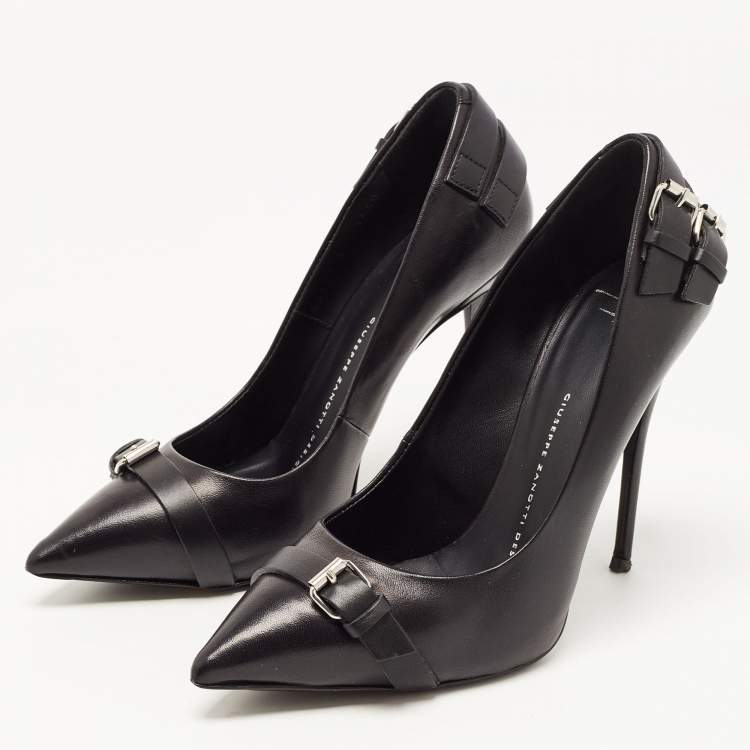 Pre Owned Giuseppe Zanotti Black Leather Buckle Detail Pointed Toe Pumps Size 37.5
