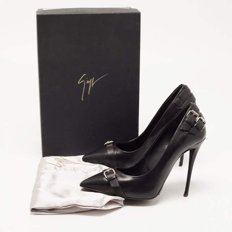 Pre Owned Giuseppe Zanotti Black Leather Buckle Detail Pointed Toe Pumps Size 37.5