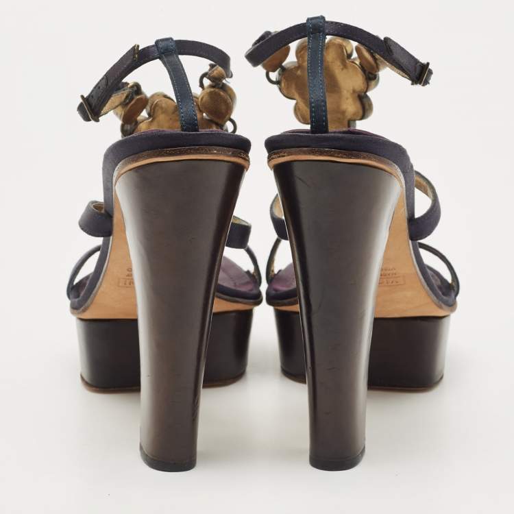 Pre Owned Giuseppe Zanotti Navy Blue Satin Crystal Embellished T-Strap Platform Sandals Size 39