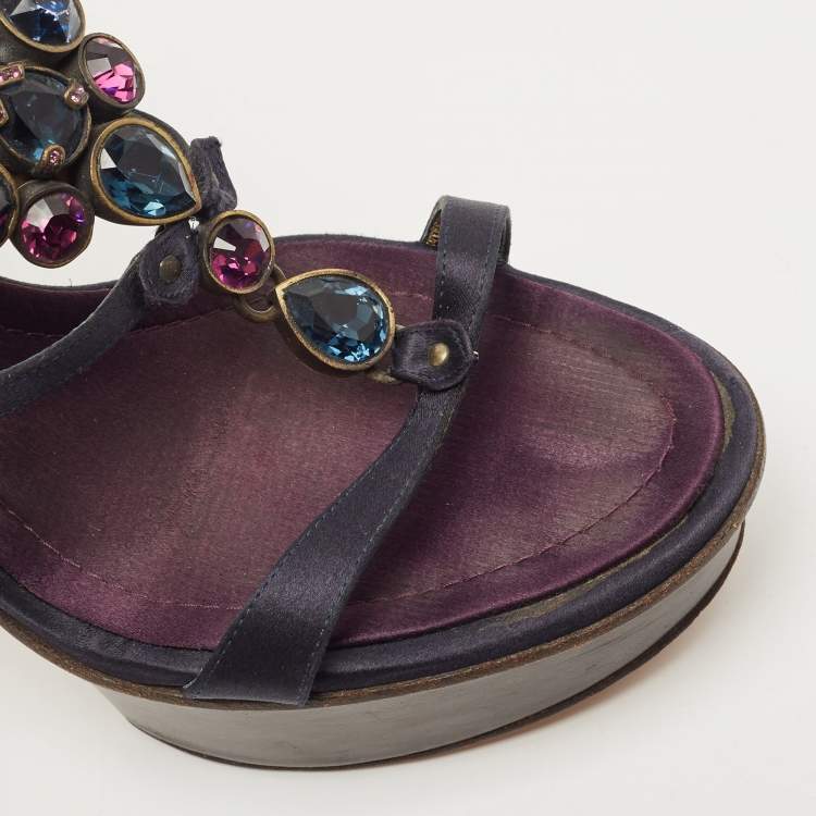 Pre Owned Giuseppe Zanotti Navy Blue Satin Crystal Embellished T-Strap Platform Sandals Size 39