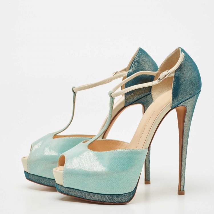 مملوكة مسبقًا Giuseppe Zanotti Green/Blue Suede T-Strap Platform Peep Toe Sandals Size 37.5