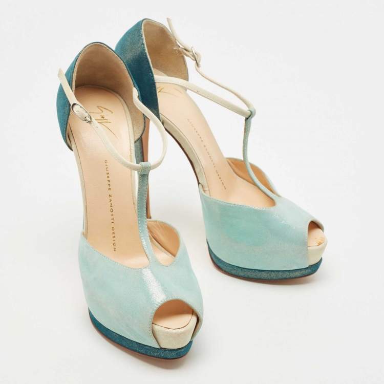 مملوكة مسبقًا Giuseppe Zanotti Green/Blue Suede T-Strap Platform Peep Toe Sandals Size 37.5