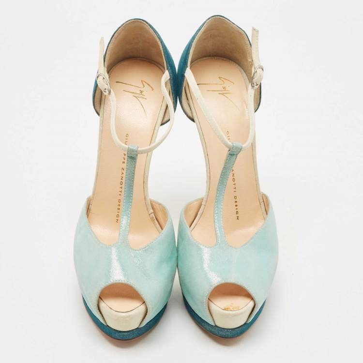 مملوكة مسبقًا Giuseppe Zanotti Green/Blue Suede T-Strap Platform Peep Toe Sandals Size 37.5