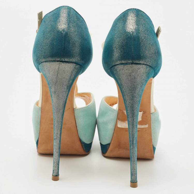 مملوكة مسبقًا Giuseppe Zanotti Green/Blue Suede T-Strap Platform Peep Toe Sandals Size 37.5