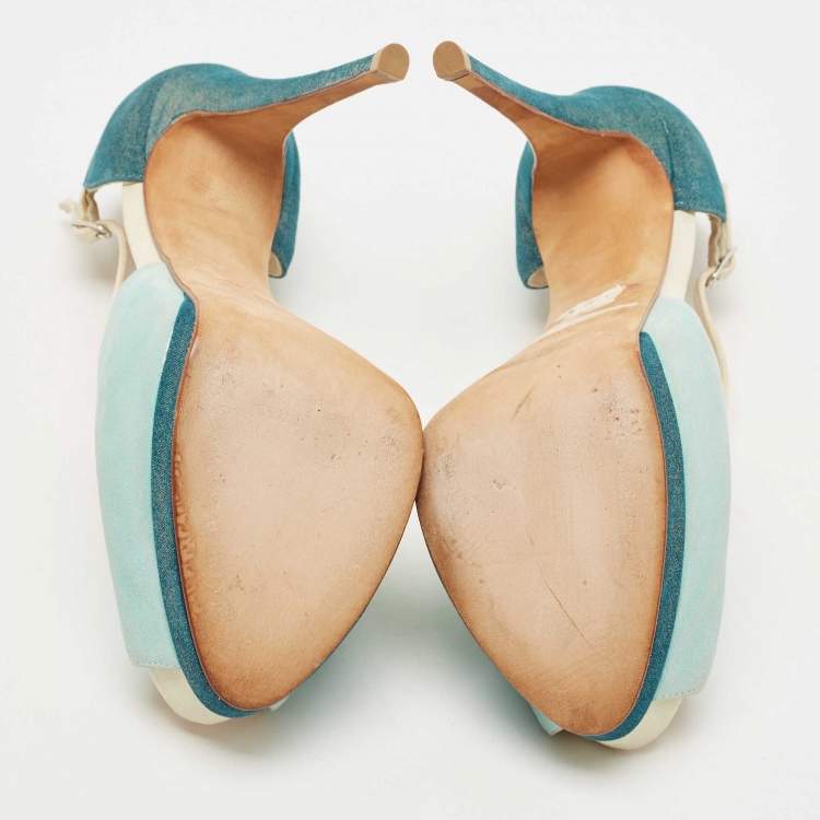 مملوكة مسبقًا Giuseppe Zanotti Green/Blue Suede T-Strap Platform Peep Toe Sandals Size 37.5
