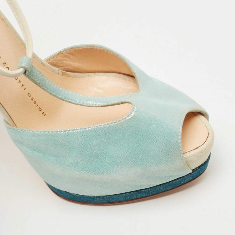 مملوكة مسبقًا Giuseppe Zanotti Green/Blue Suede T-Strap Platform Peep Toe Sandals Size 37.5
