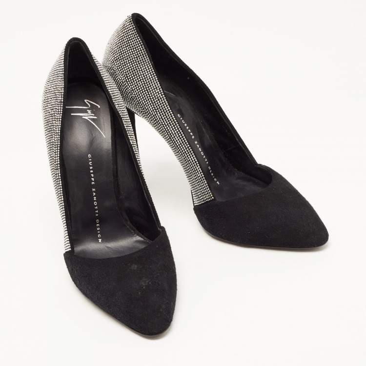 Pre Owned Giuseppe Zanotti Black Suede Crystal Embellished Pointed Toe Pumps Size 37
