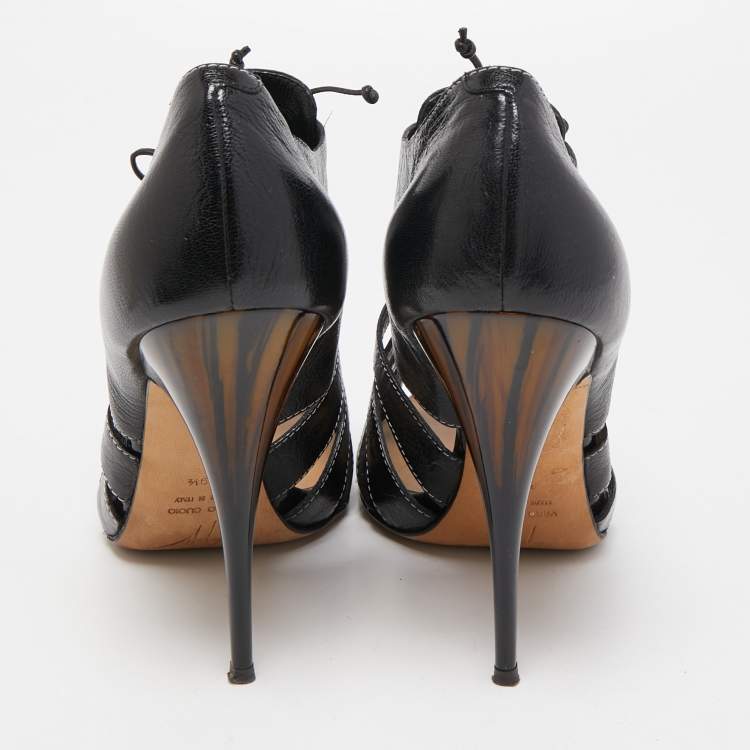 Pre Owned Giuseppe Zanotti Black Leather Oxford Peep Toe Ankle Boots Size 39.5