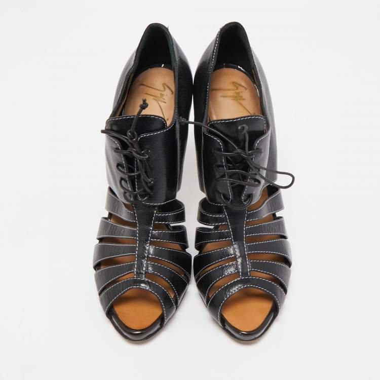 Pre Owned Giuseppe Zanotti Black Leather Oxford Peep Toe Ankle Boots Size 39.5