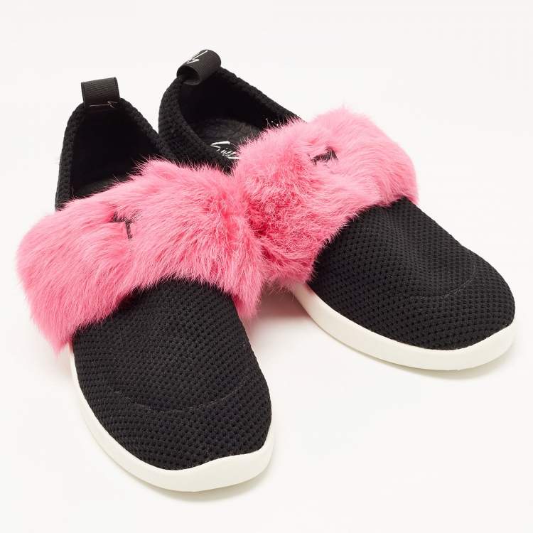 Pre Owned Giuseppe Zanotti Black Knit Fabric and Calfhair Slip on Sneakers Size 37.5