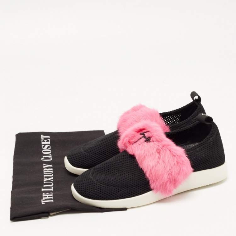 Pre Owned Giuseppe Zanotti Black Knit Fabric and Calfhair Slip on Sneakers Size 37.5