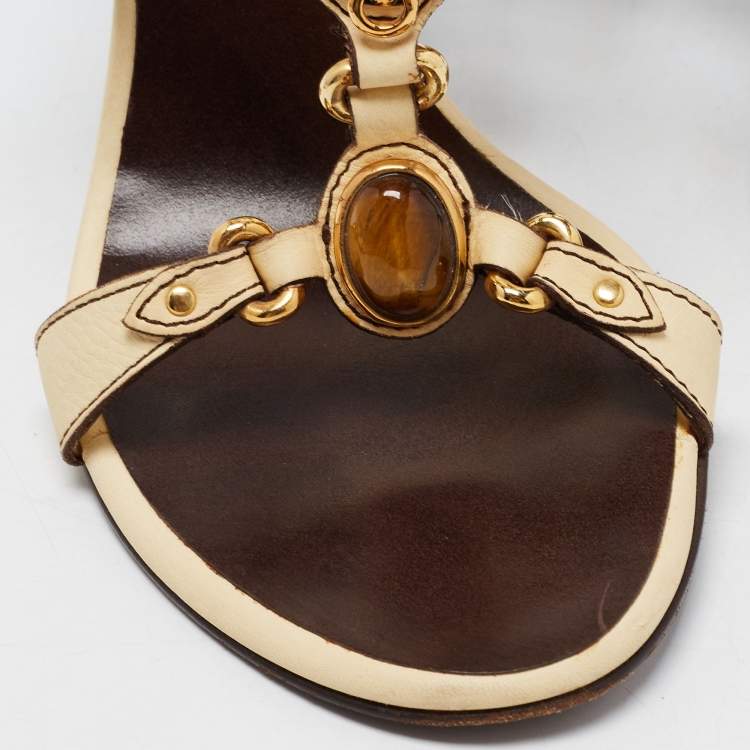 Pre Owned Giuseppe Zanotti Cream Leather Embellished T Strap Sandals Size 39