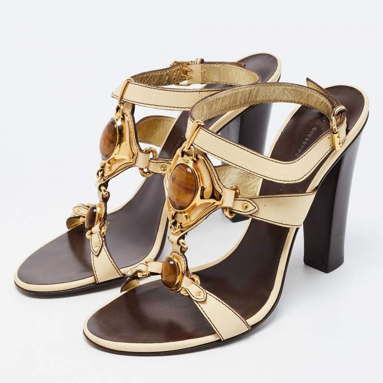 Giuseppe Zanotti Cream Leather Embellished T Strap Sandals Size 39