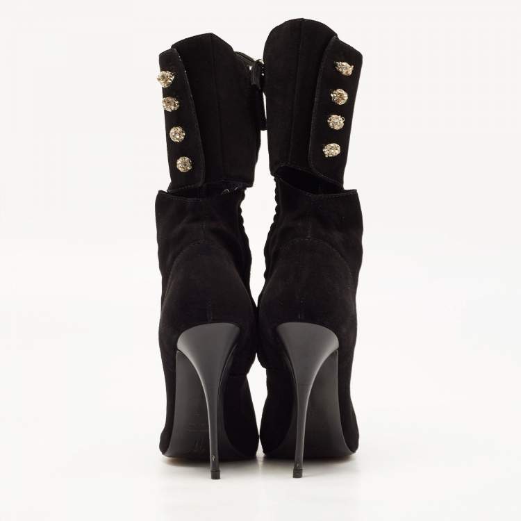 Pre Owned Giuseppe Zanotti Black Suede Crystals Embellished Mid Calf Boots Size 40