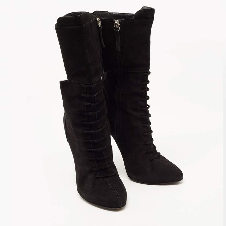 Pre Owned Giuseppe Zanotti Black Suede Crystals Embellished Mid Calf Boots Size 40