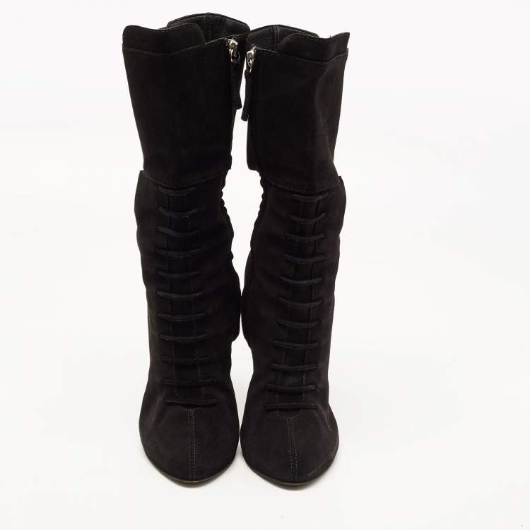 Pre Owned Giuseppe Zanotti Black Suede Crystals Embellished Mid Calf Boots Size 40