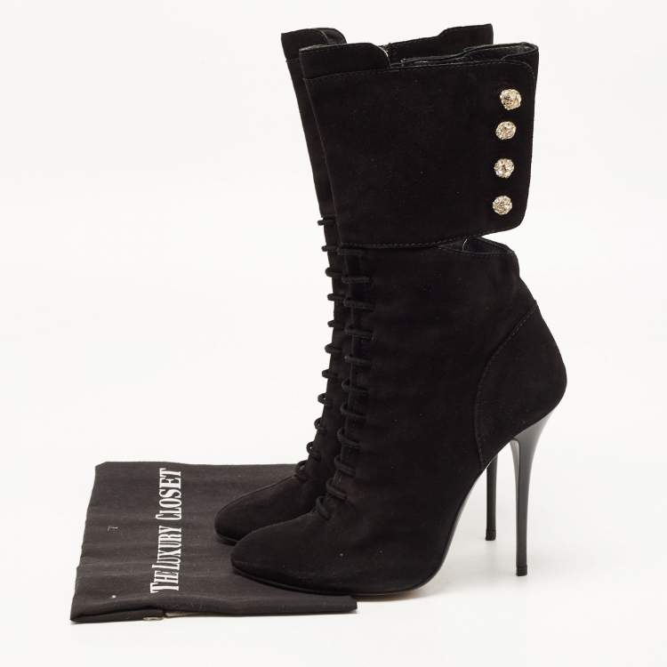 Pre Owned Giuseppe Zanotti Black Suede Crystals Embellished Mid Calf Boots Size 40