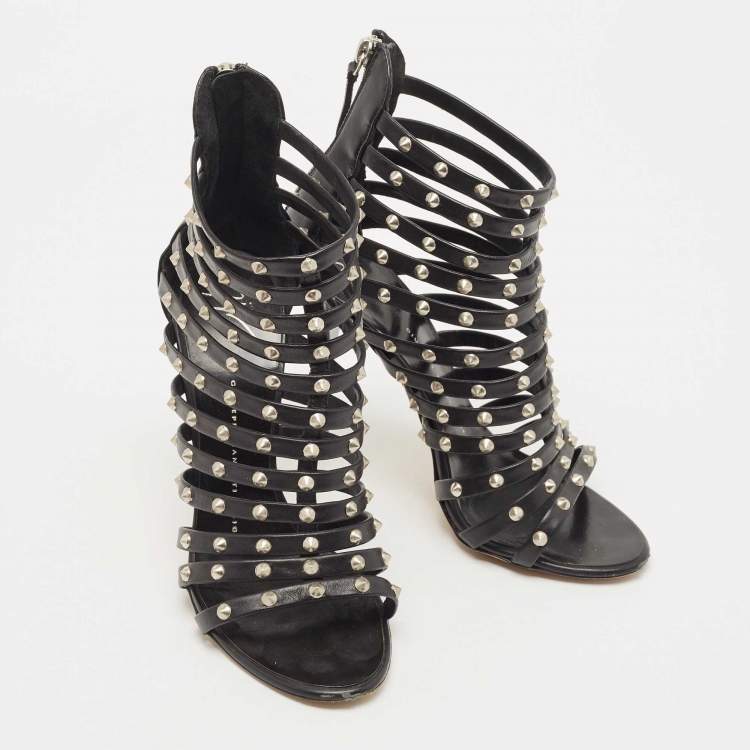 Pre Owned Giuseppe Zanotti Black Leather studded Strappy Sandals Size 36.5