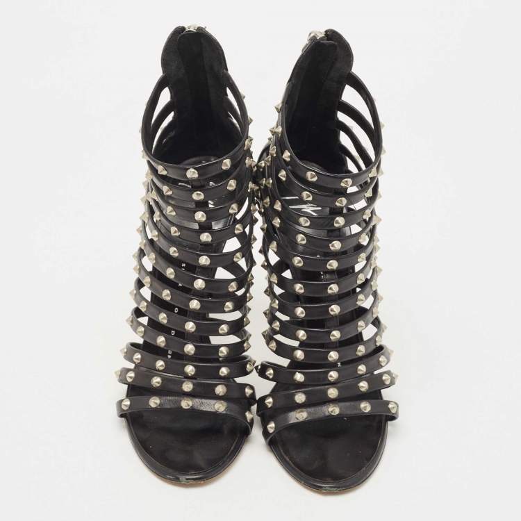 Pre Owned Giuseppe Zanotti Black Leather studded Strappy Sandals Size 36.5