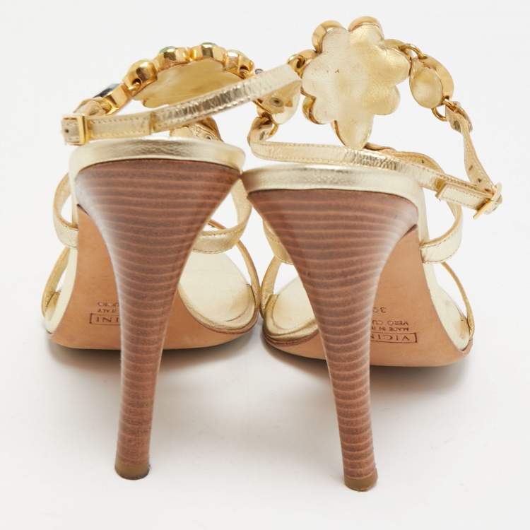 Pre Owned Giuseppe Zanotti Gold Leather Crystal Embellished Ankle Strap Sandals Size 39