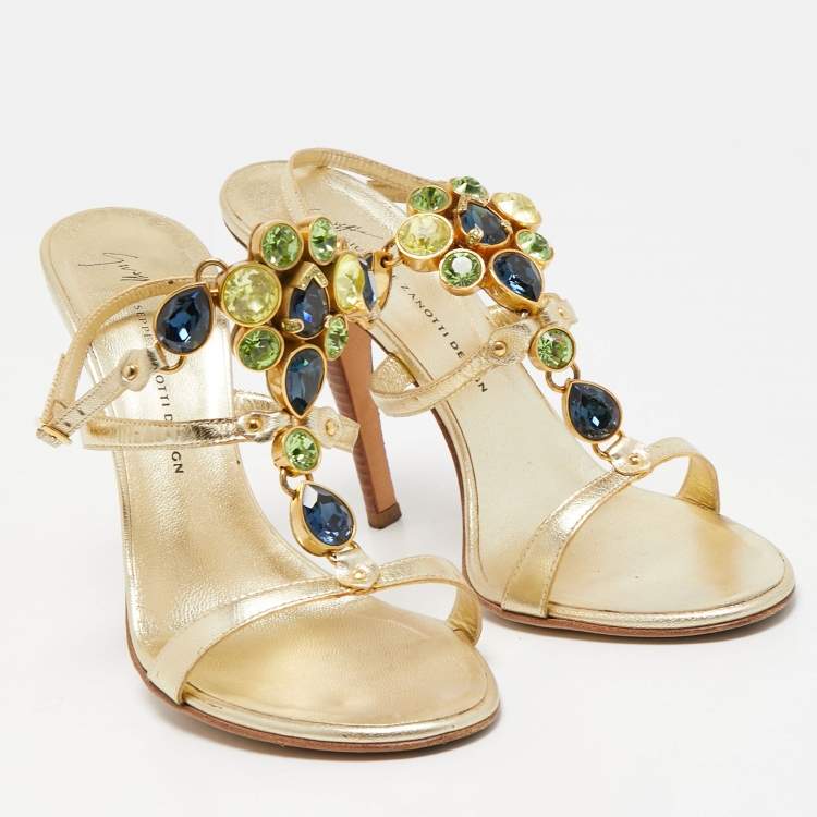 Pre Owned Giuseppe Zanotti Gold Leather Crystal Embellished Ankle Strap Sandals Size 39