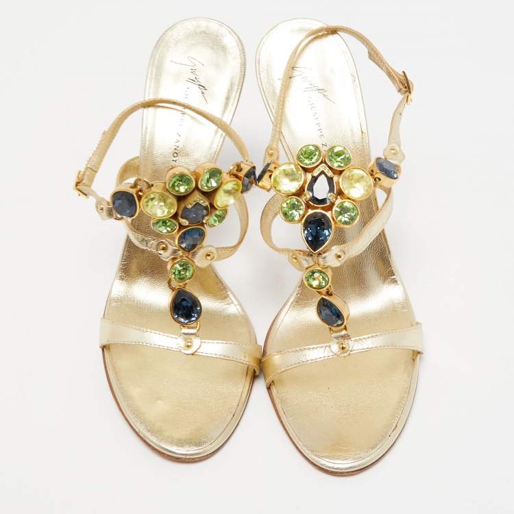 Pre Owned Giuseppe Zanotti Gold Leather Crystal Embellished Ankle Strap Sandals Size 39