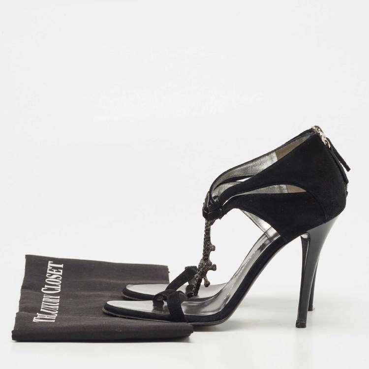 Pre Owned Giuseppe Zanotti Black Suede Crystal Embellished T-Strap Sandals Size 37