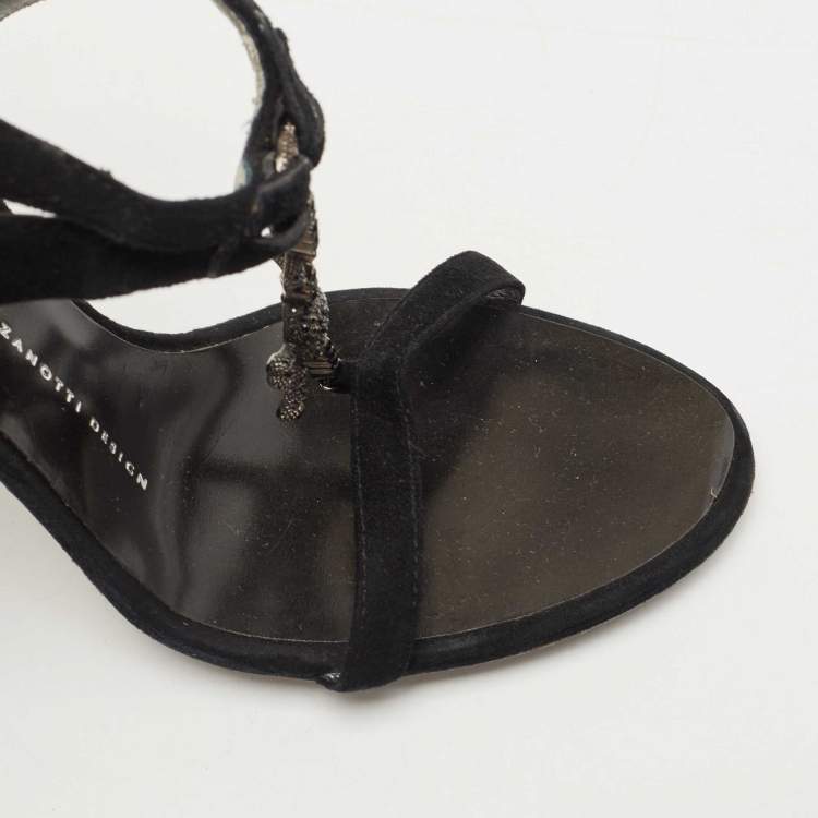 Pre Owned Giuseppe Zanotti Black Suede Crystal Embellished T-Strap Sandals Size 37