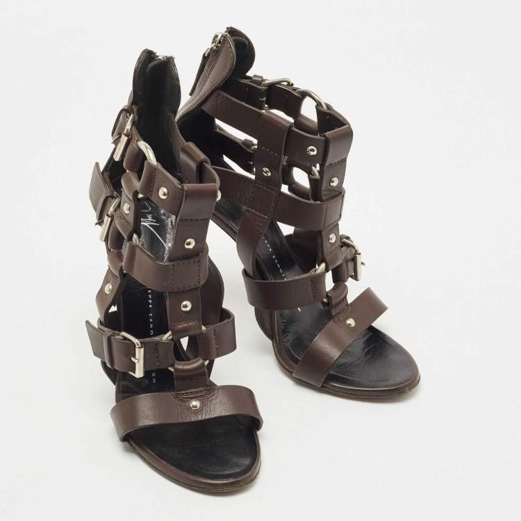 Pre Owned Giuseppe Zanotti Brown Leather Strappy Sandals Size 37.5