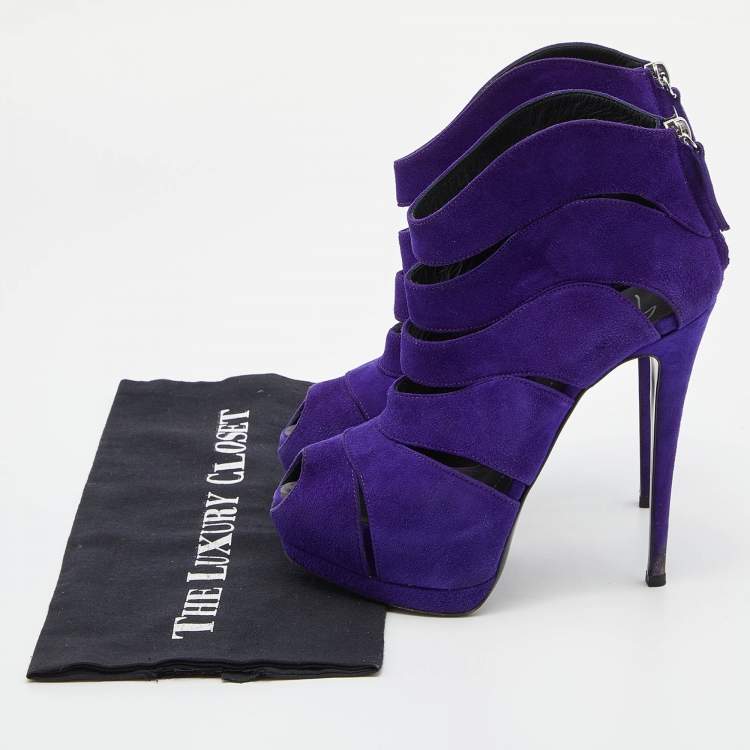Pre Owned Giuseppe Zanotti Purple Suede Wave Cut Out Peep Toe Platform Booties Size 37.5