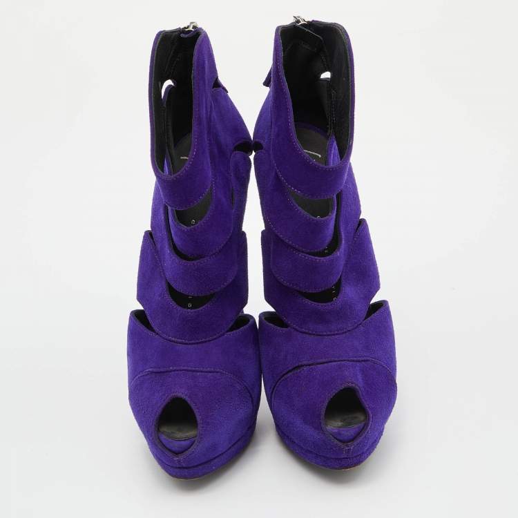 Pre Owned Giuseppe Zanotti Purple Suede Wave Cut Out Peep Toe Platform Booties Size 37.5