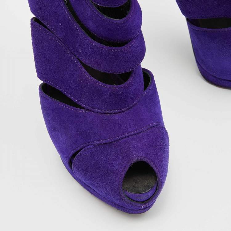 Pre Owned Giuseppe Zanotti Purple Suede Wave Cut Out Peep Toe Platform Booties Size 37.5