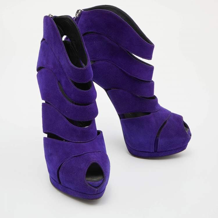 Pre Owned Giuseppe Zanotti Purple Suede Wave Cut Out Peep Toe Platform Booties Size 37.5