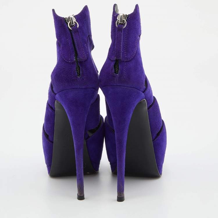 Pre Owned Giuseppe Zanotti Purple Suede Wave Cut Out Peep Toe Platform Booties Size 37.5