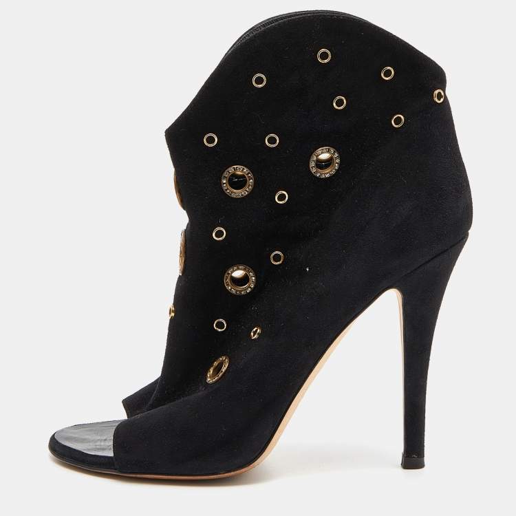 Pre Owned Giuseppe Zanotti Black Suede Crystal Embellished Eyelet Open Toe Booties Size 38.5