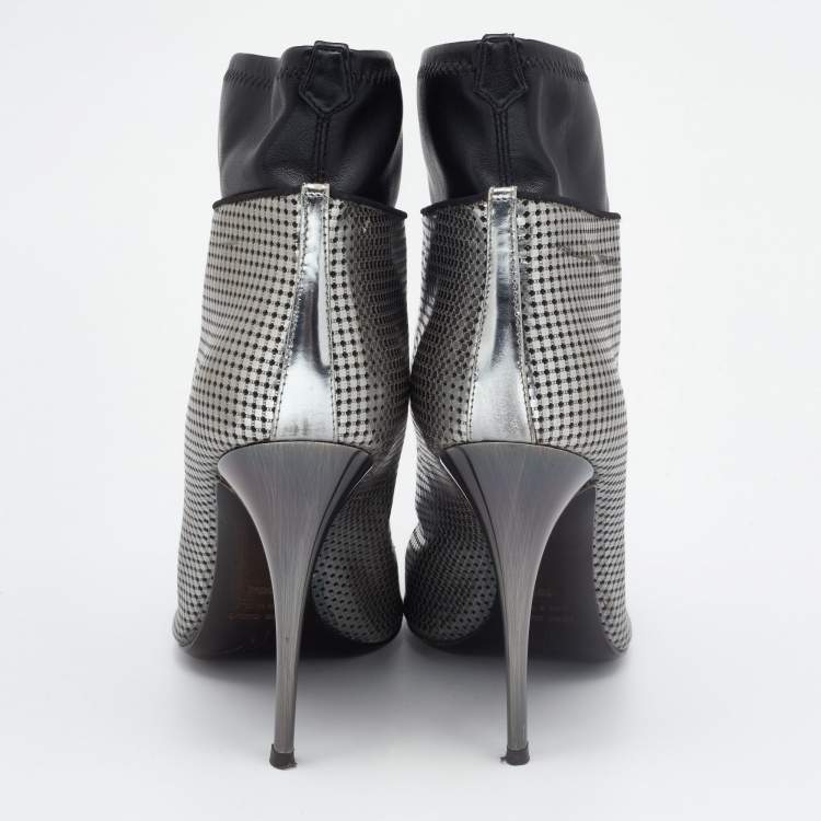 Pre Owned Giuseppe Zanotti Silver/Black Perforated Leather Open Toe Ankle Booties Size 38.5
