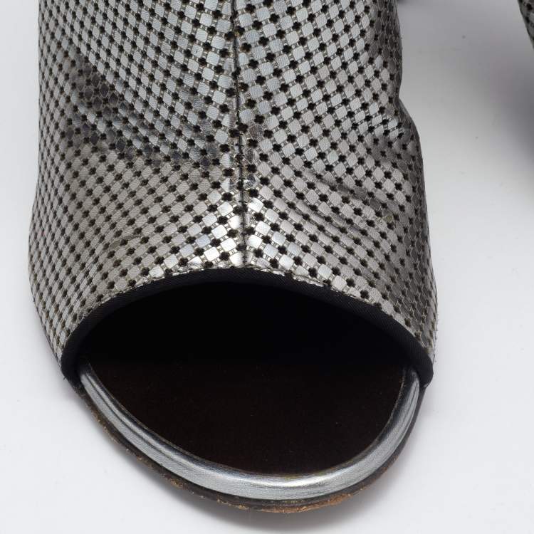 Pre Owned Giuseppe Zanotti Silver/Black Perforated Leather Open Toe Ankle Booties Size 38.5