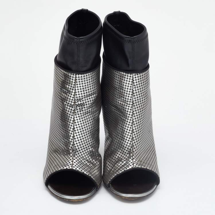 Pre Owned Giuseppe Zanotti Silver/Black Perforated Leather Open Toe Ankle Booties Size 38.5