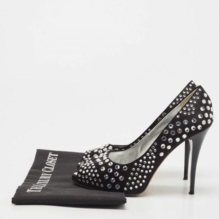 Pre Owned Giuseppe Zanotti Black Satin Crystal Embellished Peep Toe Platform Pumps Size 36