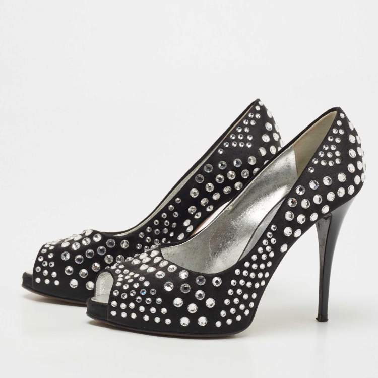 Pre Owned Giuseppe Zanotti Black Satin Crystal Embellished Peep Toe Platform Pumps Size 36