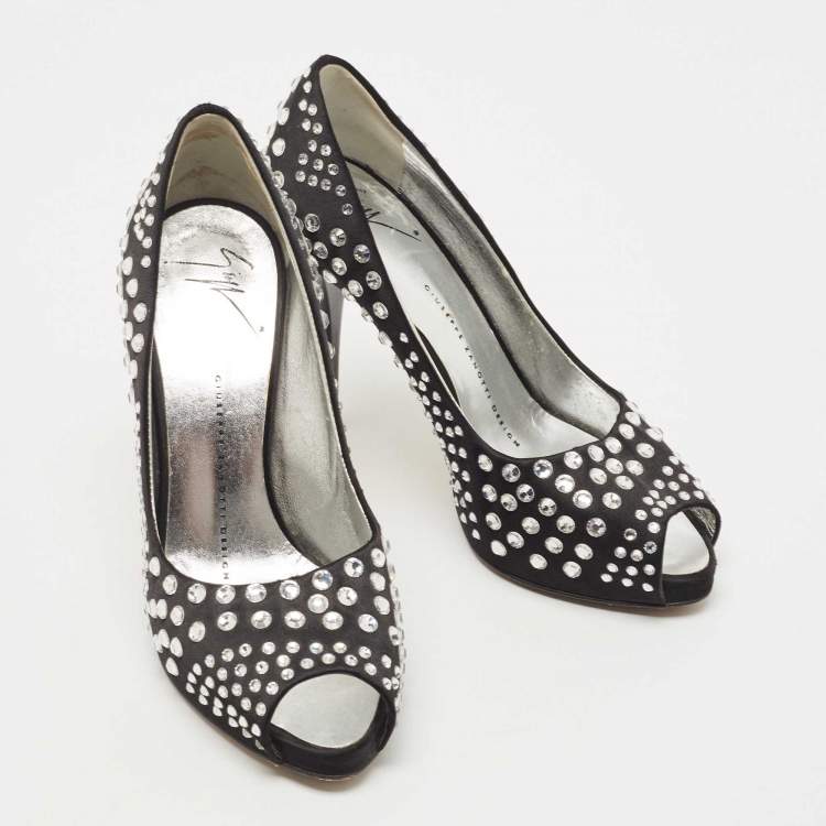 Pre Owned Giuseppe Zanotti Black Satin Crystal Embellished Peep Toe Platform Pumps Size 36