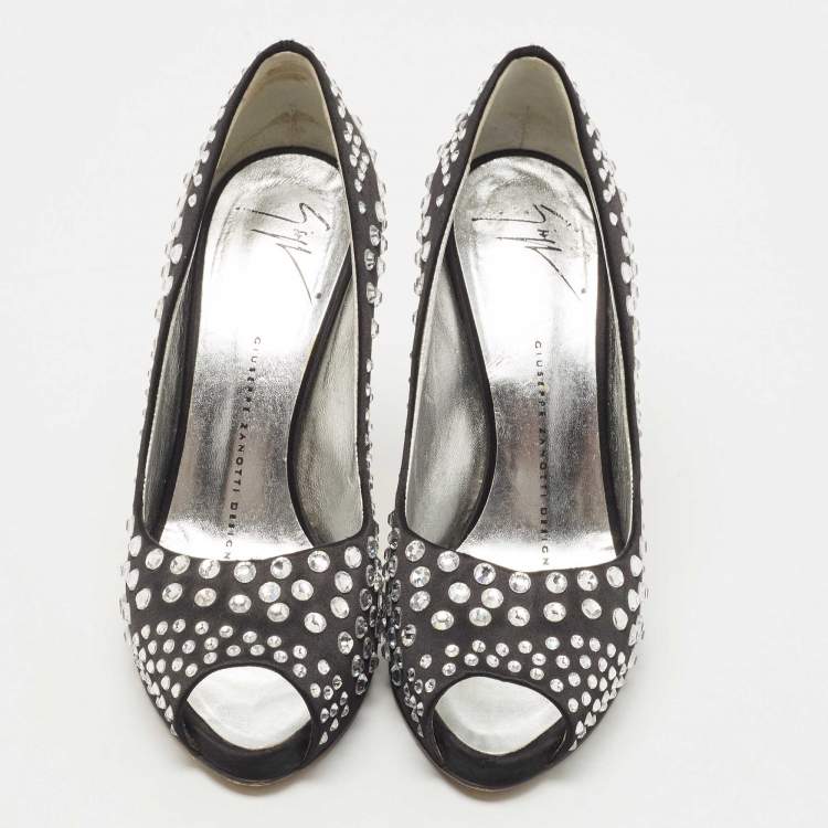Pre Owned Giuseppe Zanotti Black Satin Crystal Embellished Peep Toe Platform Pumps Size 36