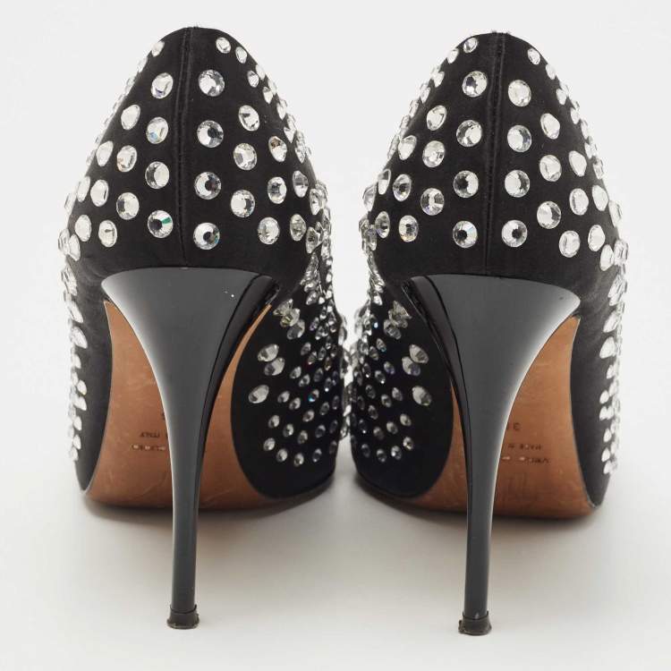 Pre Owned Giuseppe Zanotti Black Satin Crystal Embellished Peep Toe Platform Pumps Size 36