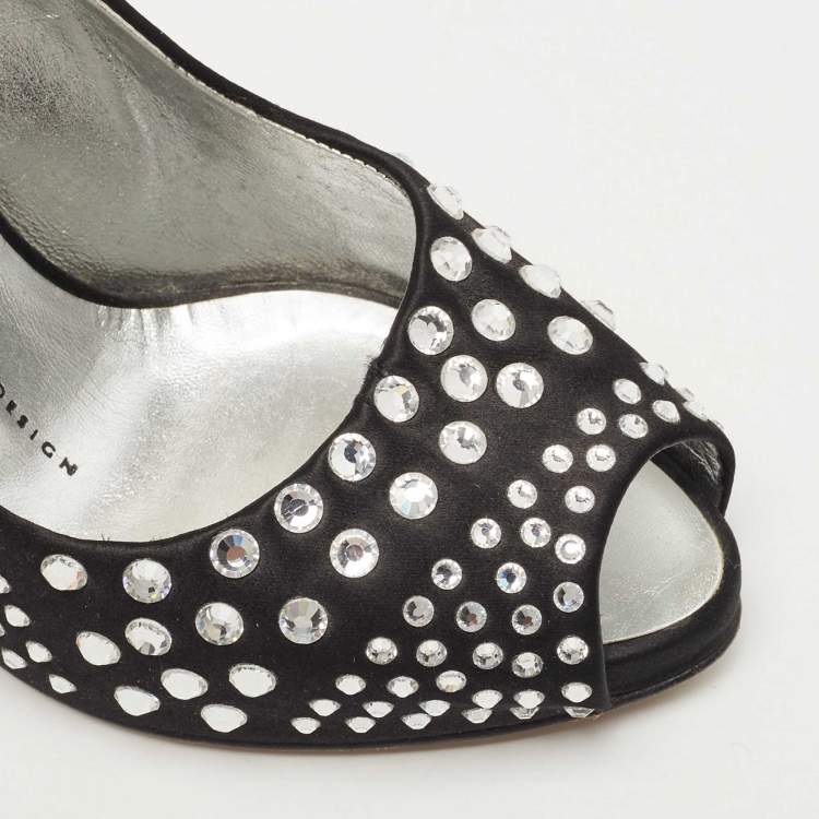 Pre Owned Giuseppe Zanotti Black Satin Crystal Embellished Peep Toe Platform Pumps Size 36