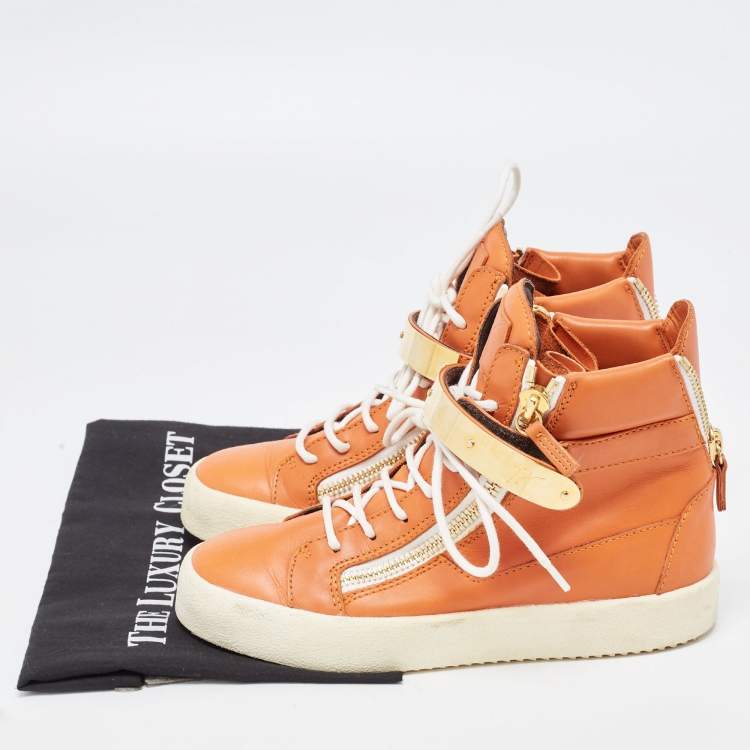 Pre Owned Giuseppe Zanotti Orange Leather Coby High Top Sneakers Size 38