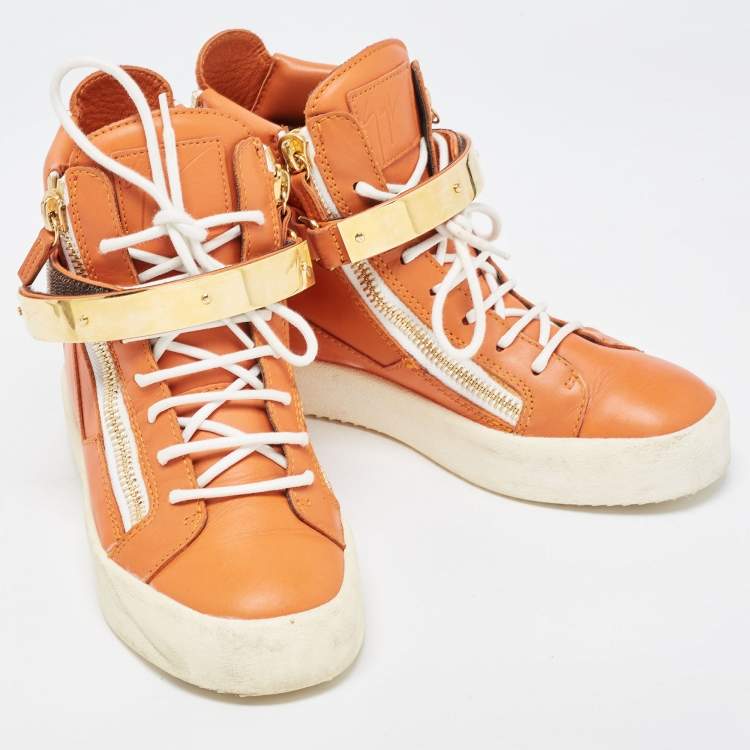 Pre Owned Giuseppe Zanotti Orange Leather Coby High Top Sneakers Size 38