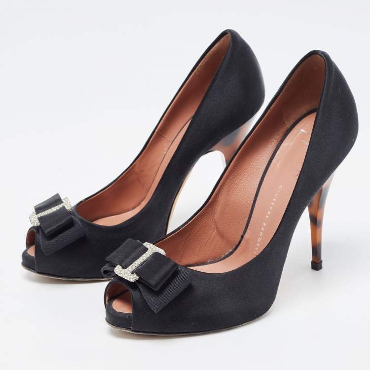 Pre Owned Giuseppe Zanotti Black Satin Bow Embellished Peep Toe Pumps Size 37.5